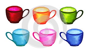 Set of bright multicolored cups isolated on a white background. Watercolor hand drawn illustration of cups for tea, coffee, drinks