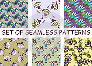 Set of bright multicolored floral seamless patterns