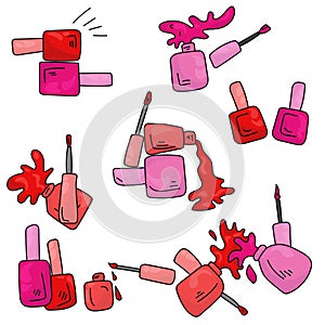 Set of bright nail polishes with brushes and splashes, red and pink bottles with varnish for manicure or pedicure