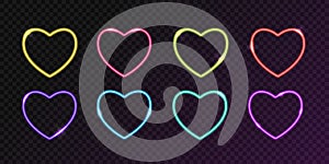 Set of bright neon hearts with highlights