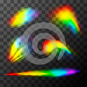 Set of bright rainbow light effects. Light streak overlay of lens flare on transparent