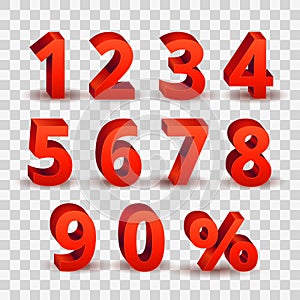 Set of bright red 3D style font numbers sign. 3D number symbol with percent discount sale promotion design isolated in