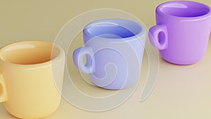 Set of bright, saturated, colorful, empty cups on yellow background. Cups in yellow, blue and purple. Dinnerware, item