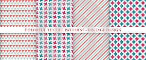 Set of bright seamless colorful geometric patterns - vintage design. Vector endless mosaic textures. Funky simple