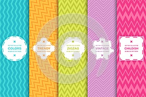 Set of bright seamless zigzag patterns - vector striped texture. Colored stylish backgrounds