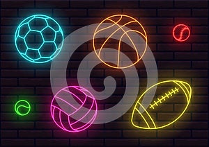 Set of bright shining neon icons of tennis volleyball rugby american football basketball baseball balls icons