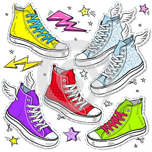 Set bright shoes sneakers, colored sneakers with laces and stars.