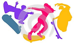 A set of bright silhouettes of people on skateboards. Colorful vector illustration on a white background. Extreme