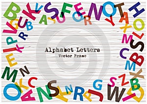 Set of bright vector alphabet letters on wooden texture background. Rainbow flat design alphabet letters collection.Alphabets fram