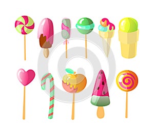 Set of bright vector candies, Ice creams Set of colorful lollipops and Ice-cream, cartoon illustration. Round and heart