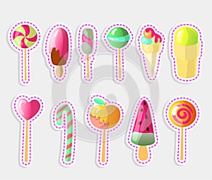 Set of bright vector candies, Ice creams Set of colorful lollipops and Ice-cream, cartoon illustration. Round and heart