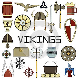 Set of bright vector illustrations for the design of Vikings