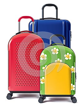 Set of bright wheeled suitcases.