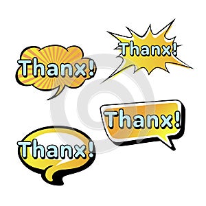 Set of bright yellow THANX vector speech bubbles. Colorful icons isolated on white background. Comic and cartoon style.