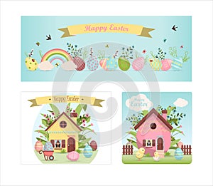 A set of brightly, colorful easter banners with eggs. Vector illustration with cute houses. Banner for sale. Template