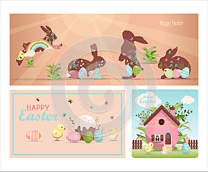 A set of brightly, colorful easter banners with eggs. Vector illustration with cute houses. Banner for sale. Template