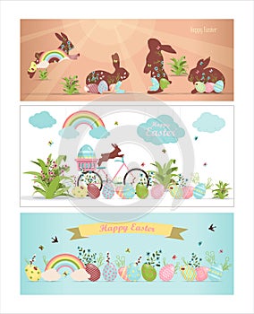 A set of brightly, colorful easter banners with eggs. Vector illustration with a happy Easter wish. Banner for sale