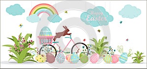 A set of brightly painted Easter eggs and bunnies. Vector illustration with a happy Easter wish. Flat design featuring