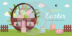 A set of brightly painted Easter eggs and a cute little house in flowers. Vector illustration with a happy Easter wish