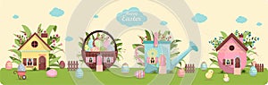 A set of brightly painted Easter eggs and a cute little house in flowers. Vector illustration with a happy Easter wish