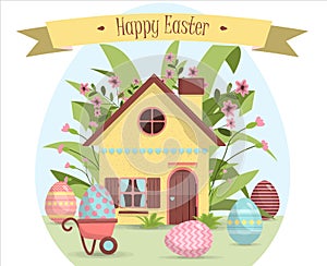 A set of brightly painted Easter eggs and a cute little house in flowers. Vector illustration with a happy Easter wish