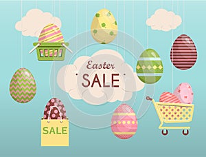 A set of brightly painted Easter eggs. Vector illustration with a happy Easter wish. Banner for sale. Flat design