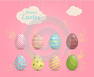 A set of brightly painted Easter eggs. Vector illustration with a happy Easter wish. Flat design featuring hares