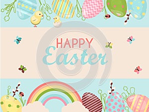 A set of brightly painted Easter eggs. Vector illustration with a happy Easter wish. Flat design featuring hares