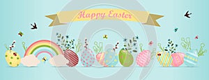 A set of brightly painted Easter eggs. Vector illustration with a happy Easter wish. Flat design featuring hares