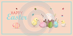 A set of brightly painted Easter eggs. Vector illustration with a happy Easter wish. Flat design featuring hares