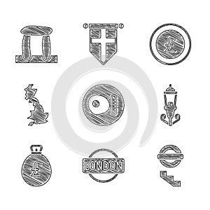 Set British breakfast, London sign, underground, Vintage street light, Money bag with pound, England map, Coin money and