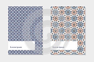 Set of brochure templates. Ramadan Kareem greeting cards with hand drawn blue Moroccan patterns. Islamic backgrounds