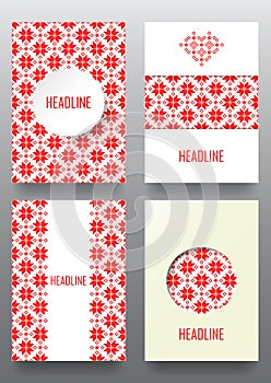 Set of brochures with ethnic ornament pattern in white red color
