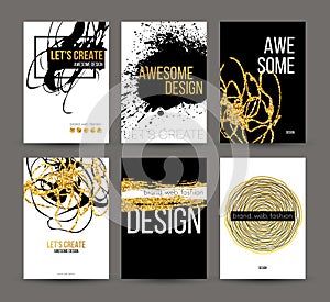 A set of brochures with golden hand-drawn design elements. Vector brochure templates, posters, flyers, brand. Golden