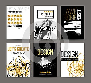 A set of brochures with golden hand-drawn design elements. Vector brochure templates, posters, flyers, brand. Golden