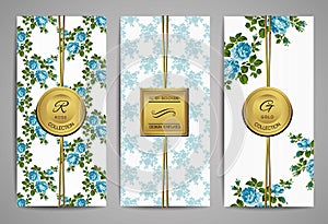 Set of brochures with vintage blue roses. Floral background. Vector trendy templates.