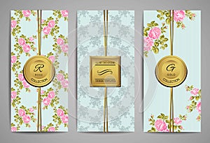 Set of brochures with vintage pink roses. Floral background. Vector trendy templates.