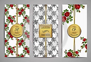 Set of brochures with vintage red roses. Floral background. Vector trendy templates.