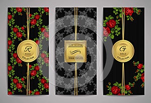 Set of brochures with vintage red roses. Floral background. Vector trendy templates.