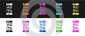 Set Broken ancient column icon isolated on black and white background. Vector