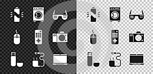 Set Broken battery, Washer, Smart glasses, USB flash drive, Charger, Laptop, Computer mouse and Remote control icon
