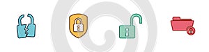 Set Broken or cracked lock, Shield security with, Open padlock and Folder and icon. Vector
