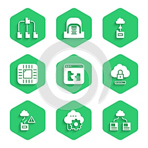 Set Broken file, Cloud technology data transfer, computing lock, Processor with CPU, and Folder tree icon. Vector