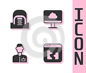 Set Broken file, Hangar with servers, Analyst engineer and Cloud technology data transfer icon. Vector