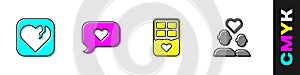 Set Broken heart or divorce, Heart in speech bubble, Chocolate bar and Lover couple icon. Vector
