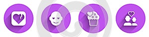 Set Broken heart or divorce, Romantic man, Wedding cake and Lover couple icon with long shadow. Vector