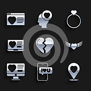 Set Broken heart, Mobile with, Location, Heart wings, Dating app online, Wedding rings and icon. Vector