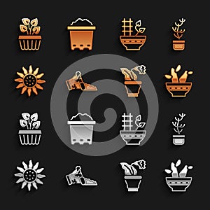 Set Broken pot, Exotic tropical plant in, Cactus peyote, Flower, Plant, Indoor ivy and Pot with soil icon. Vector