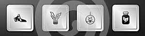Set Broken pot, Plant in, hanging and Fertilizer bottle icon. Silver square button. Vector