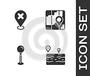 Set Broken road, Location with cross mark, Push pin and City map navigation icon. Vector